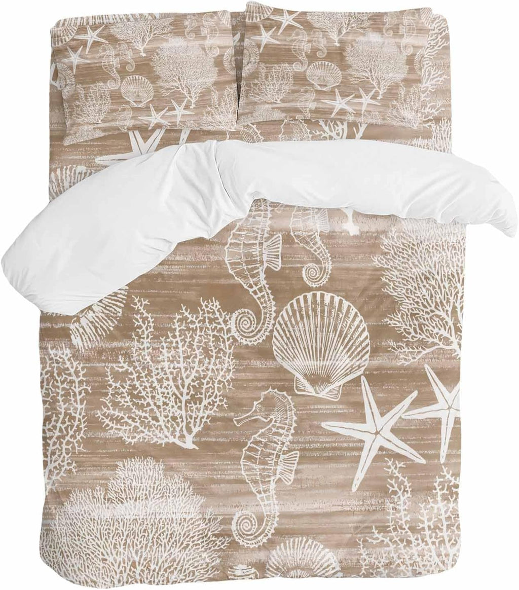 Prime Leader Brown Coastal Duvet Cover Set Queen Size 4 Pieces Nautical Starfish Seahorse Coral Summer Bedding Set with Zipper Closure, 1 Comforter Cover 90x92 Inches 1 Flat Sheet & 2 Pillow Cases