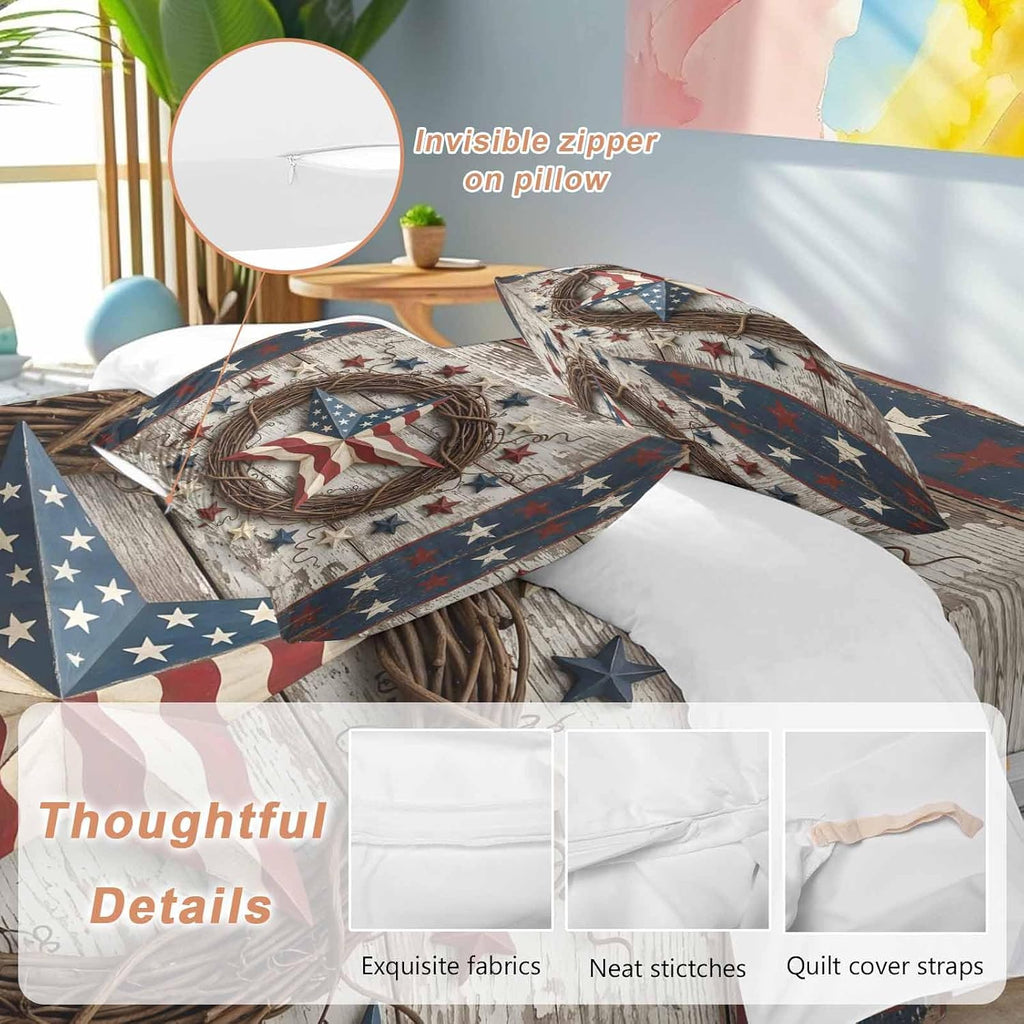 Independence Day Duvet Cover Set Queen Size 4 Pieces Usa Flag Stars Vine Wreath Rustic Wood Grain Bedding Set with Zipper Closure, 1 Comforter Cover 90x92 Inches 1 Flat Sheet & 2 Pillow Cases
