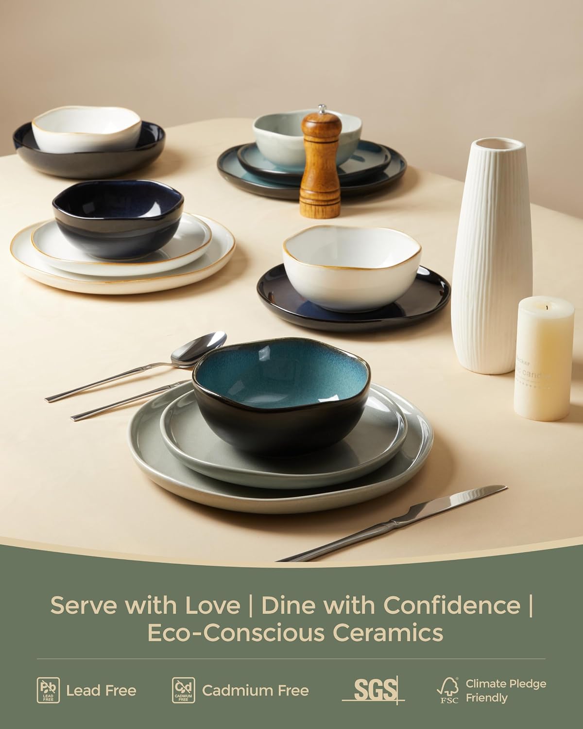 Pokini 24 Pieces Dinnerware Set for 6 with Pasta Bowls, Complete Ceramic Dish Set, Stackable & Glossy Stoneware Plate and Bowl Set for Effortless Everyday Hosting, Gray Green