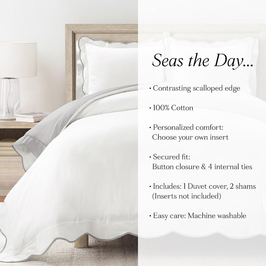 Lush Decor Coastal Chic Scalloped Edge Cotton Duvet Cover Set, 3 Piece Set, Full/Queen, Gray & White - Queen Bedding Set - White Duvet Cover Queen - Coastal Decor