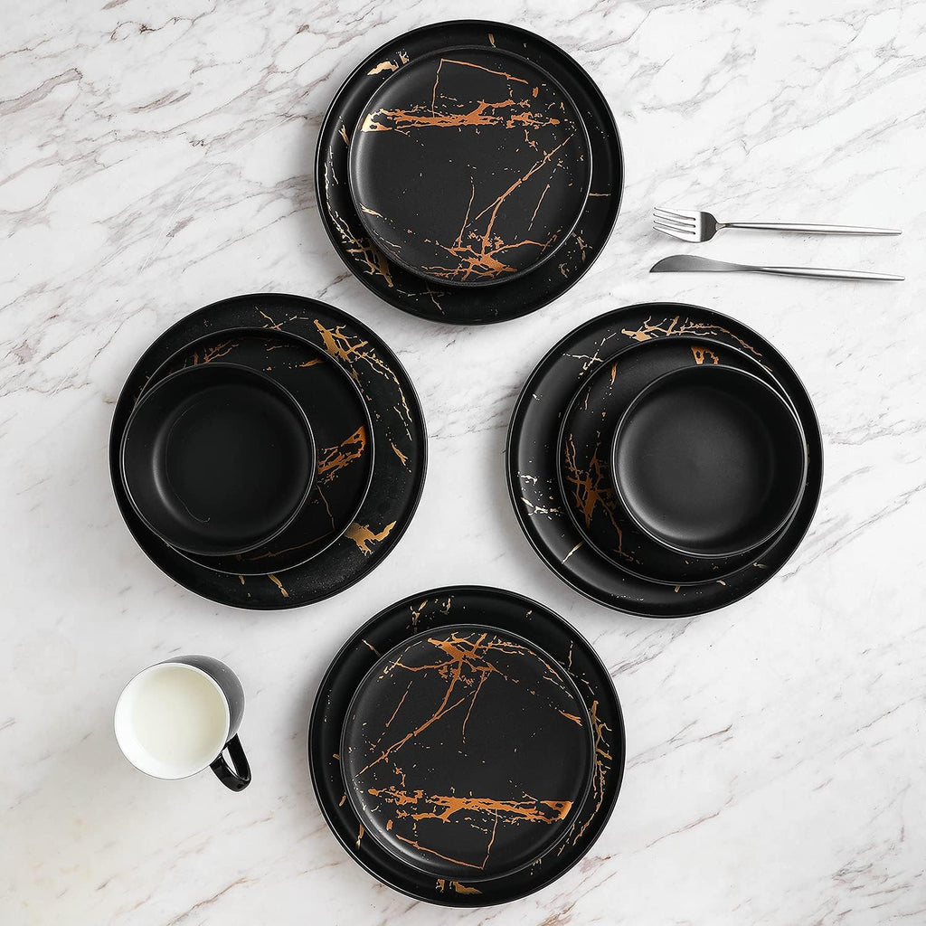 Stone Lain Porcelain 16-Piece Dinnerware Set – Black with Gold Splash, Service for 4 – Elegant Dinner Plates, Salad Plates, Bowls & Mugs – Modern Round Tableware, Dishwasher Safe