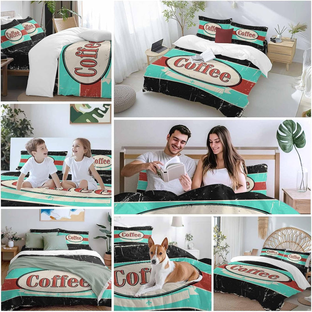 Coffee Duvet Cover Set Queen Size 4 Pieces Shabby Chic Blue Red Stripes Letter Print Casual Vintage Bedding Set with Zipper Closure, 1 Comforter Cover 90x92 Inches 1 Flat Sheet & 2 Pillow Cases