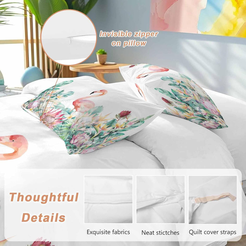 Pastoral Duvet Cover Set Queen Size 4 Pieces Watercolors Green Tropical Floral Plants Flaming Birds Bedding Set with Zipper Closure, 1 Comforter Cover 90x92 Inches 1 Flat Sheet & 2 Pillow Cases