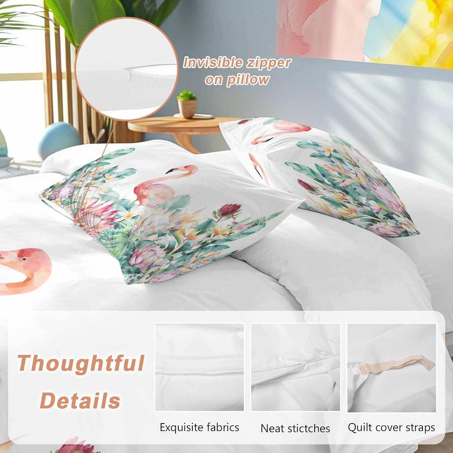 Pastoral Duvet Cover Set Queen Size 4 Pieces Watercolors Green Tropical Floral Plants Flaming Birds Bedding Set with Zipper Closure, 1 Comforter Cover 90x92 Inches 1 Flat Sheet & 2 Pillow Cases