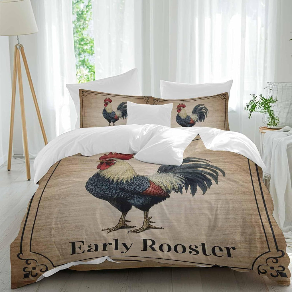 Prime Leader Farmhouse Duvet Cover Set Queen Size 4 Pieces Early Rooster Animals Wood Grain Retro Border Bedding Set with Zipper Closure, 1 Comforter Cover 86x86 Inches 1 Flat Sheet & 2 Pillow Cases