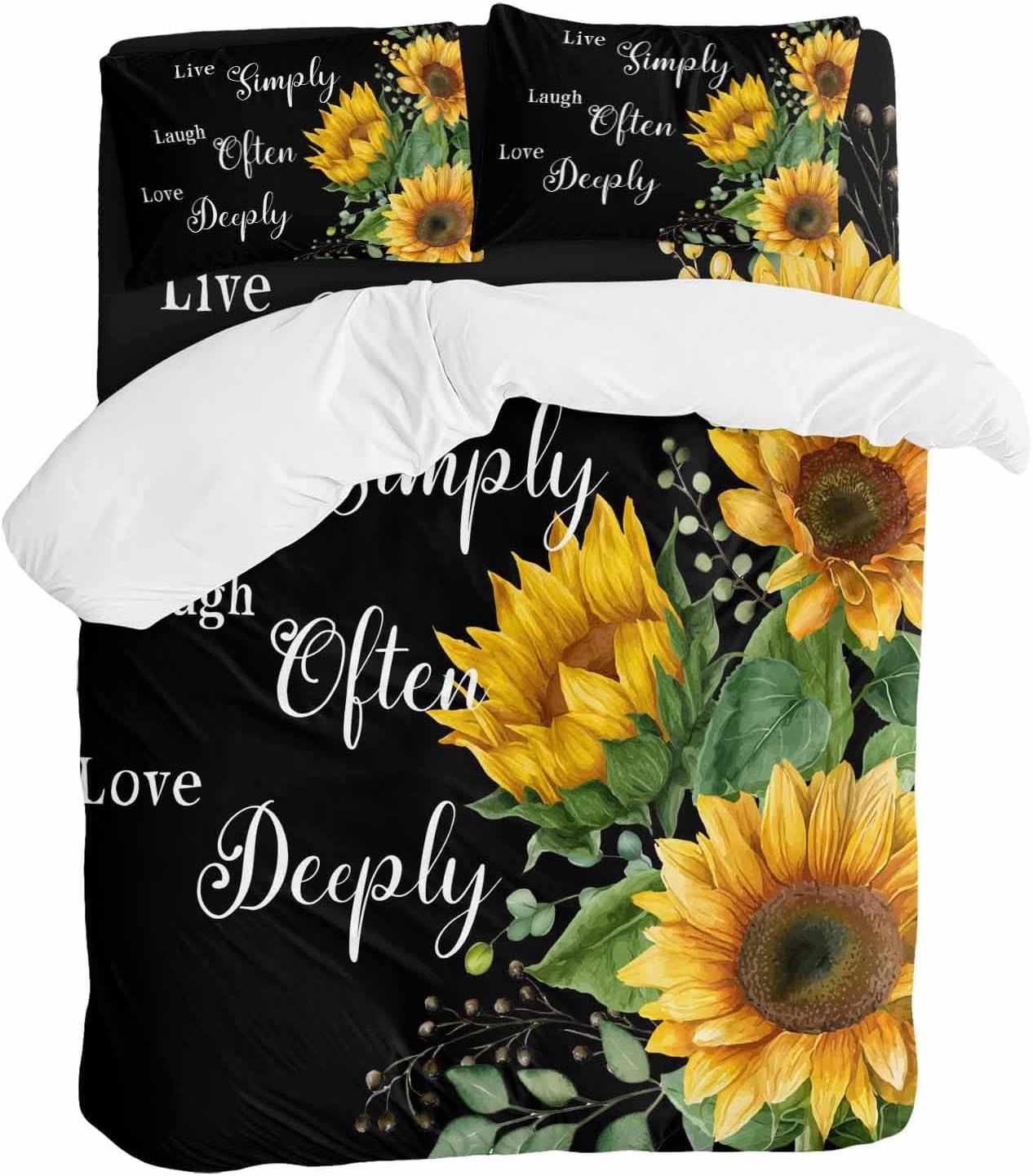 Prime Leader Sunflower Duvet Cover Set Queen Size 4 Pieces Live Simply Laugh Often Love Deeply Black Bedding Set with Zipper Closure, 1 Comforter Cover 90x92 Inches 1 Flat Sheet & 2 Pillow Cases