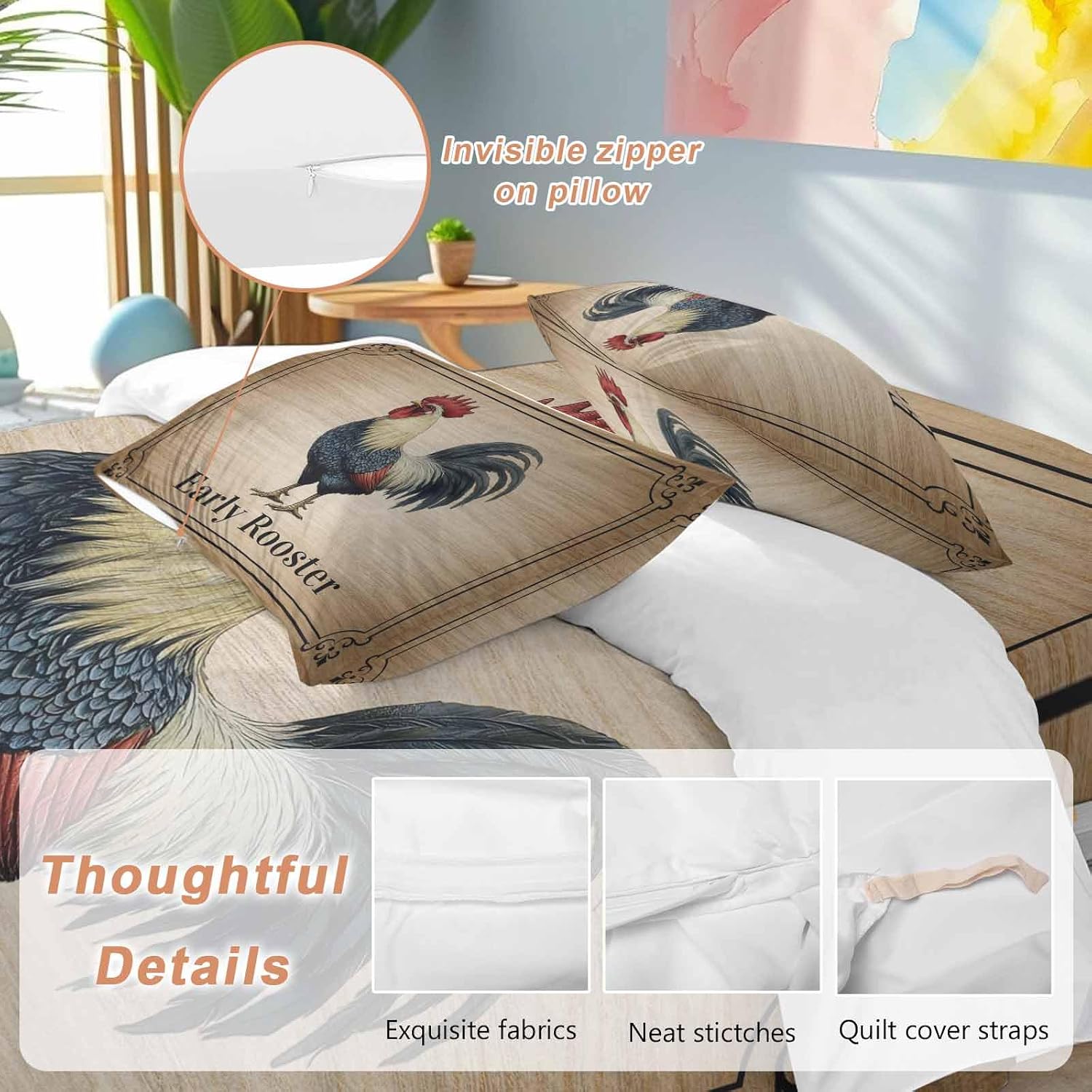 Prime Leader Farmhouse Duvet Cover Set Queen Size 4 Pieces Early Rooster Animals Wood Grain Retro Border Bedding Set with Zipper Closure, 1 Comforter Cover 86x86 Inches 1 Flat Sheet & 2 Pillow Cases