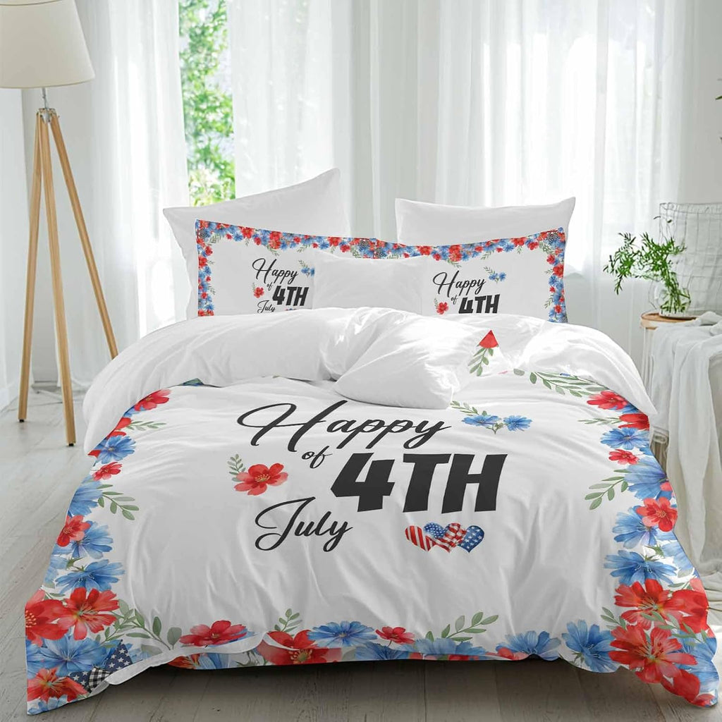Prime Leader Happy of 4th July Duvet Cover Set Queen Size 4 Pieces Rustic Red Blue Floral Heart Bedding Set with Zipper Closure, 1 Comforter Cover 86x86 Inches 1 Flat Sheet & 2 Pillow Cases