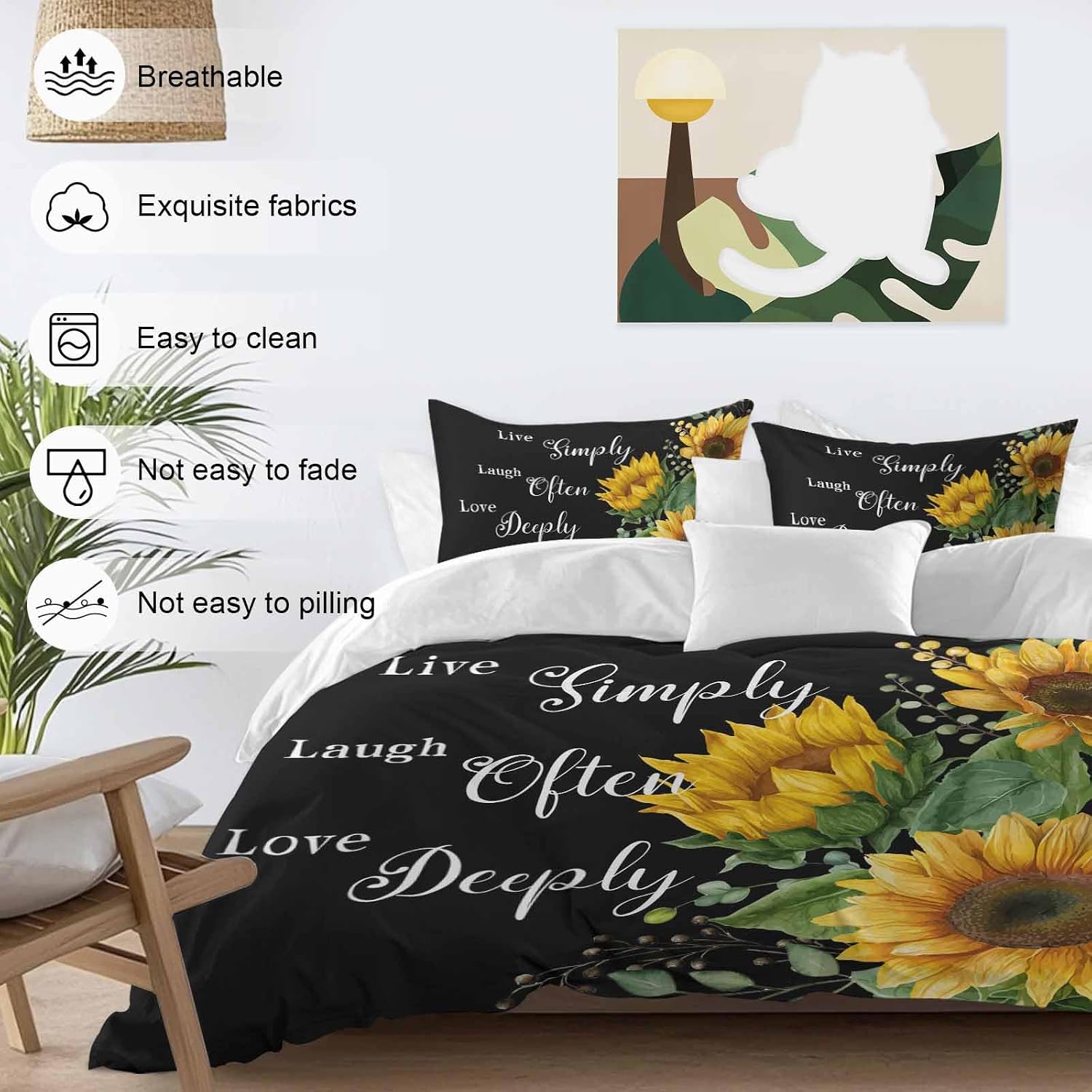 Prime Leader Sunflower Duvet Cover Set Queen Size 4 Pieces Live Simply Laugh Often Love Deeply Black Bedding Set with Zipper Closure, 1 Comforter Cover 90x92 Inches 1 Flat Sheet & 2 Pillow Cases