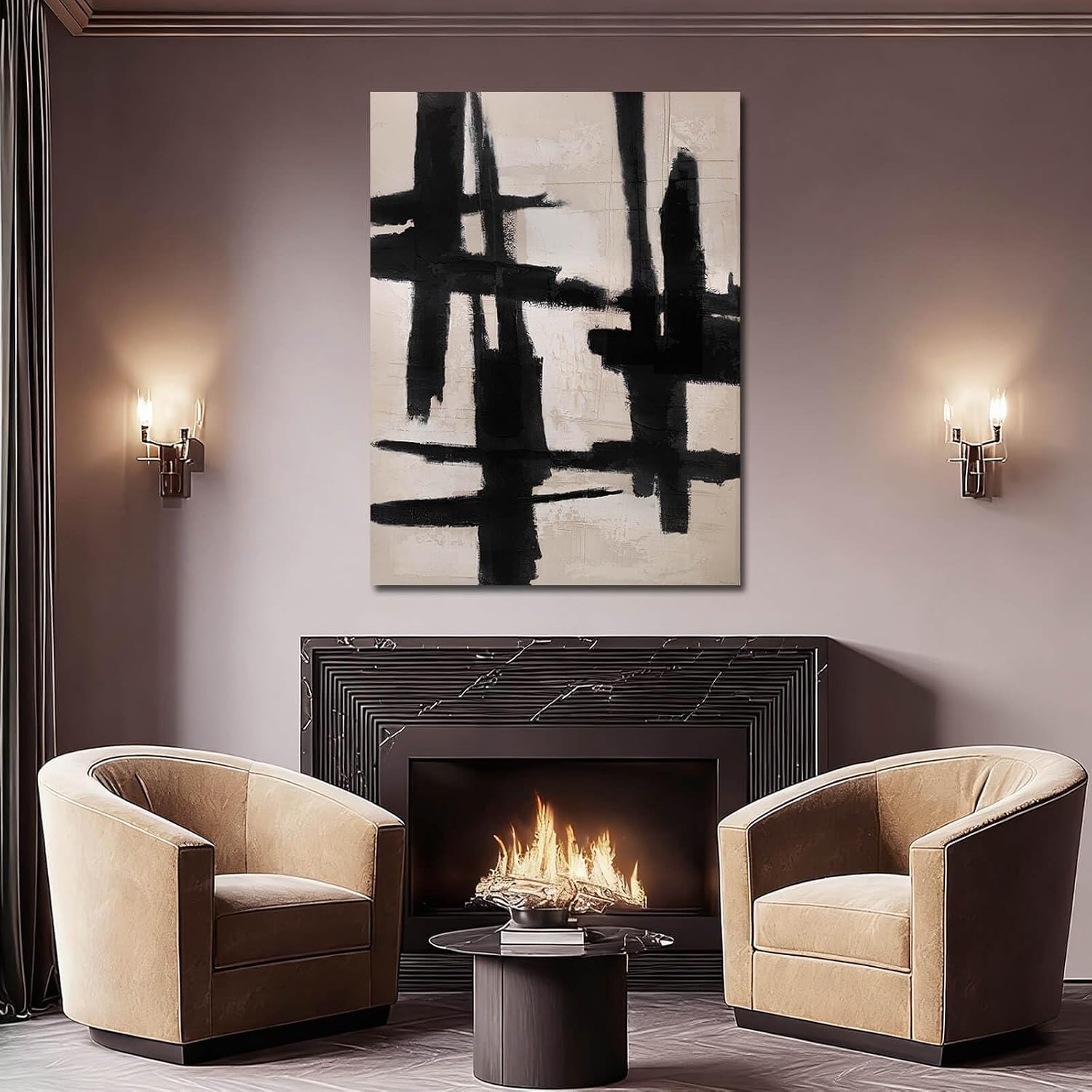 SHEYOYE Black and Beige Abstract Canvas Wall Art, Hand-Painted Oil Painting, Textured, Ready to Hang, Modern Home Decor for Living Room Bedroom, 36x48 Inch