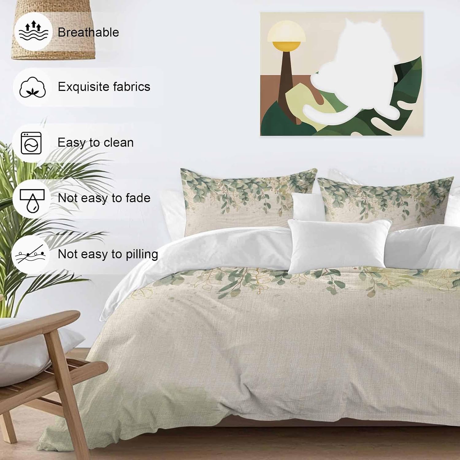 Prime Leader Green Eucalyptus Leaves Duvet Cover Set Queen Size 4 Pieces Flower Vintage Linen Texture Bedding Set with Zipper Closure, 1 Comforter Cover 92x106 Inches 1 Flat Sheet & 2 Pillow Cases