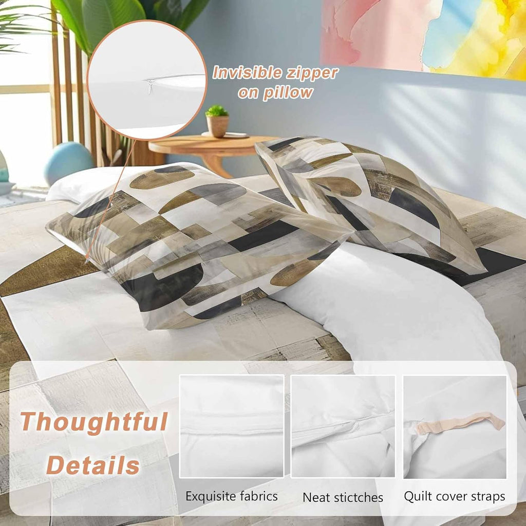 Prime Leader Abstract Duvet Cover Set Queen Size 4 Pieces Brown Black Color Block Geometric Contemporary Bedding Set with Zipper Closure, 1 Comforter Cover 92x106 Inches 1 Flat Sheet & 2 Pillow Cases