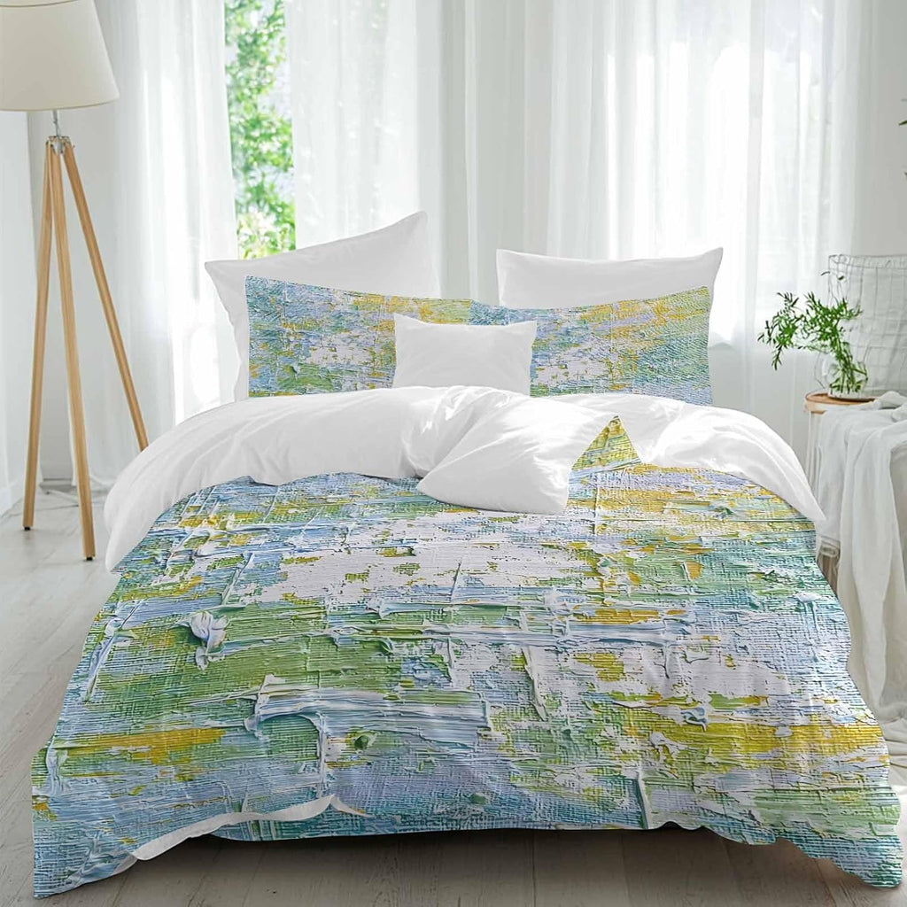 Prime Leader Abstract Geometric Duvet Cover Set Queen Size 4 Pieces Yellow Blue Green Oil Painting Style Bedding Set with Zipper Closure, 1 Comforter Cover 90x92 Inches 1 Flat Sheet & 2 Pillow Cases
