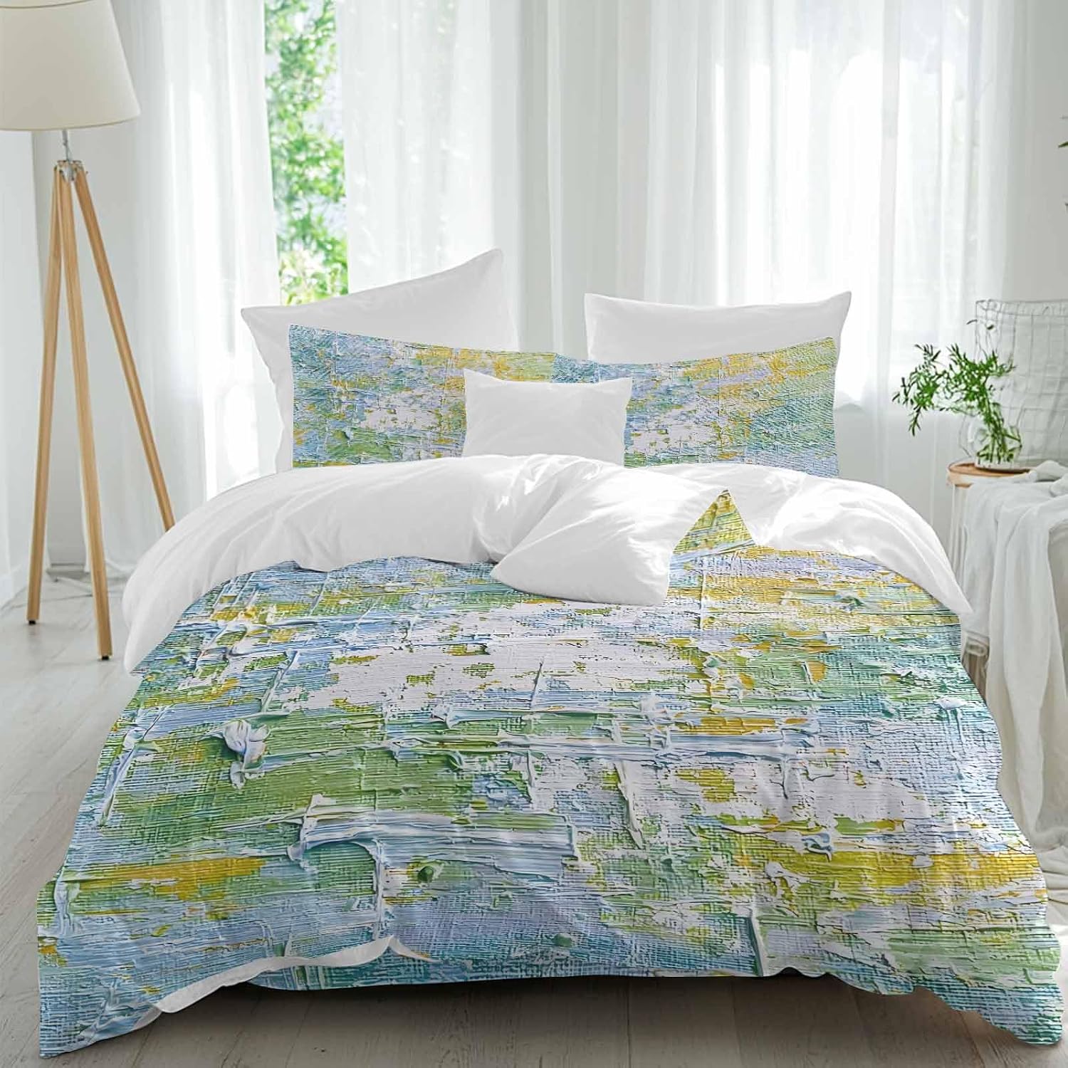 Prime Leader Abstract Geometric Duvet Cover Set Queen Size 4 Pieces Yellow Blue Green Oil Painting Style Bedding Set with Zipper Closure, 1 Comforter Cover 90x92 Inches 1 Flat Sheet & 2 Pillow Cases
