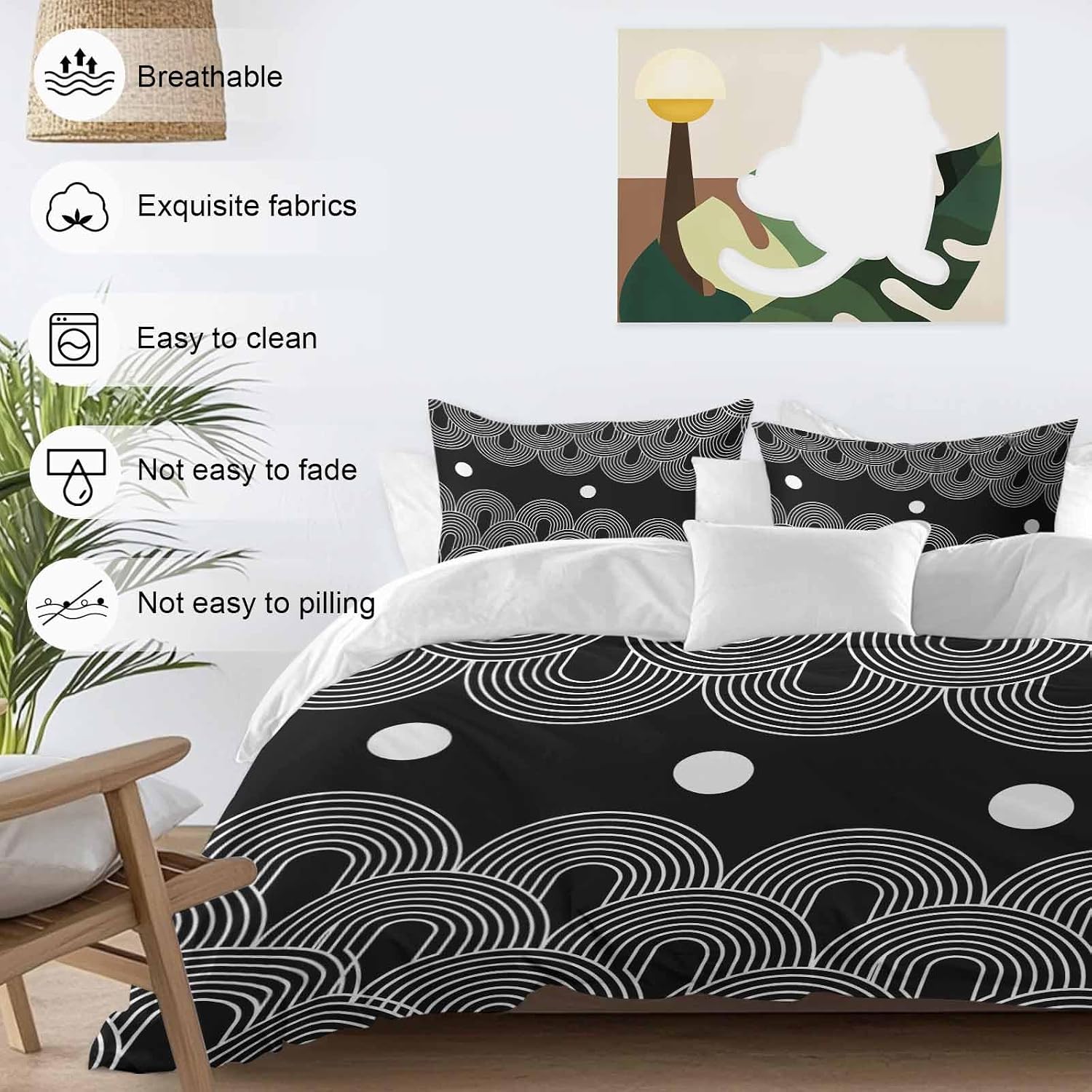 Black White Duvet Cover Set Queen Size 4 Pieces Abstract Line Boho Minimalist Arch Geometric Bedding Set with Zipper Closure, 1 Comforter Cover 92x106 Inches 1 Flat Sheet & 2 Pillow Cases