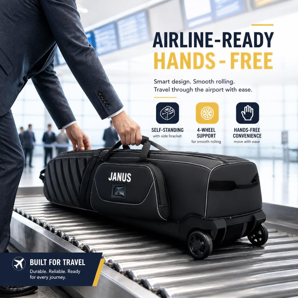 JANUS Golf Travel Bag with Wheels for Airlines, 360° Spinner Golf Travel Case with Collapsible Support Legs System, Reinforced Hard Base Golf Club Travel Bag, Airline-Ready Golf Travel Cover