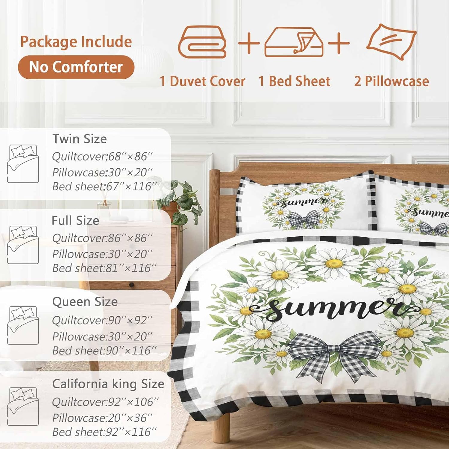 Prime Leader White Flowers Duvet Cover Set Queen Size 4 Pieces Daisy Plaid Bow Green Leaf Summer Striped Bedding Set with Zipper Closure, 1 Comforter Cover 90x92 Inches 1 Flat Sheet & 2 Pillow Cases