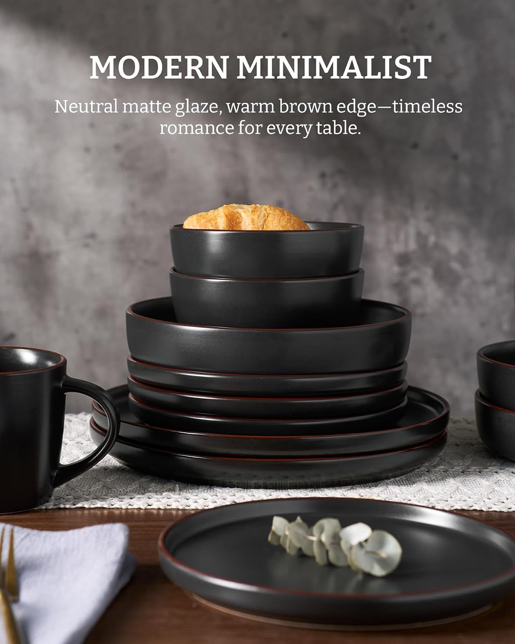 Famiware Mercury Dinnerware Sets with Pasta Bowls, Service for 6 (24 Pieces), Stoneware Plates and Bowls Sets, Microwave and Dishwasher Safe Dishes Set, Matte Black