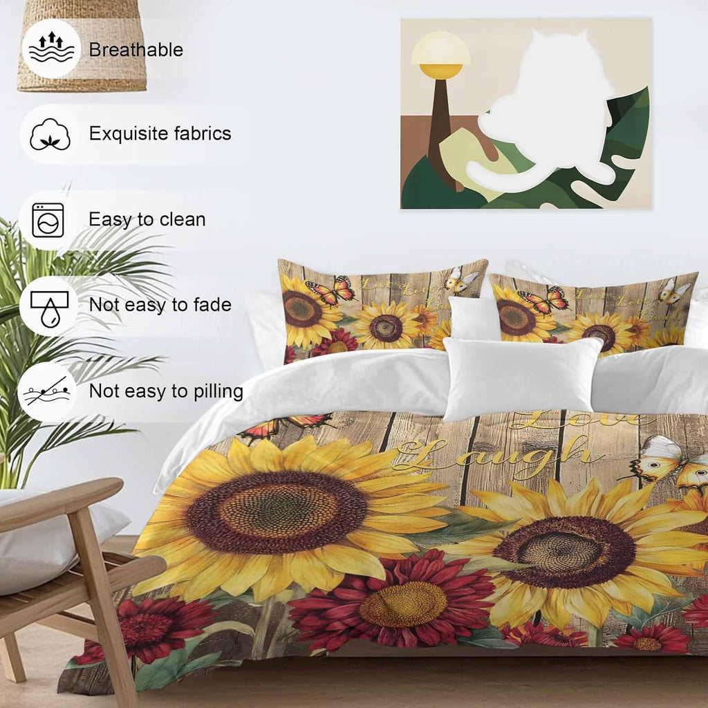 Flowers Duvet Cover Set Queen Size 4 Pieces Watercolor Yellow Sunflower Red Chrysanthemum Floral Wood Grain Bedding Set with Zipper Closure,1 Comforter Cover 86x86 Inches 1 Flat Sheet & 2 Pillow Cases
