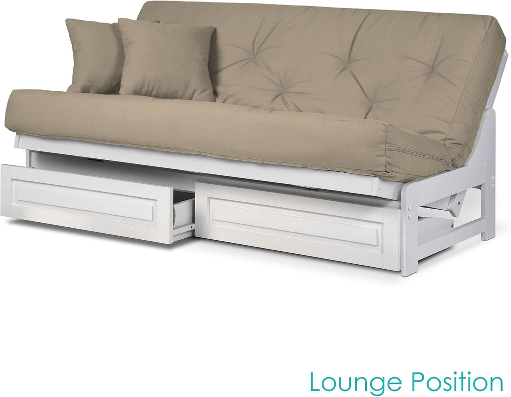 Nirvana Futons Arden White Futon with Storage Drawers Queen Size - Minimalist Armless Design with 8 Inch Comfortable Mattress (Twill Khaki), Sofa Bed Available in