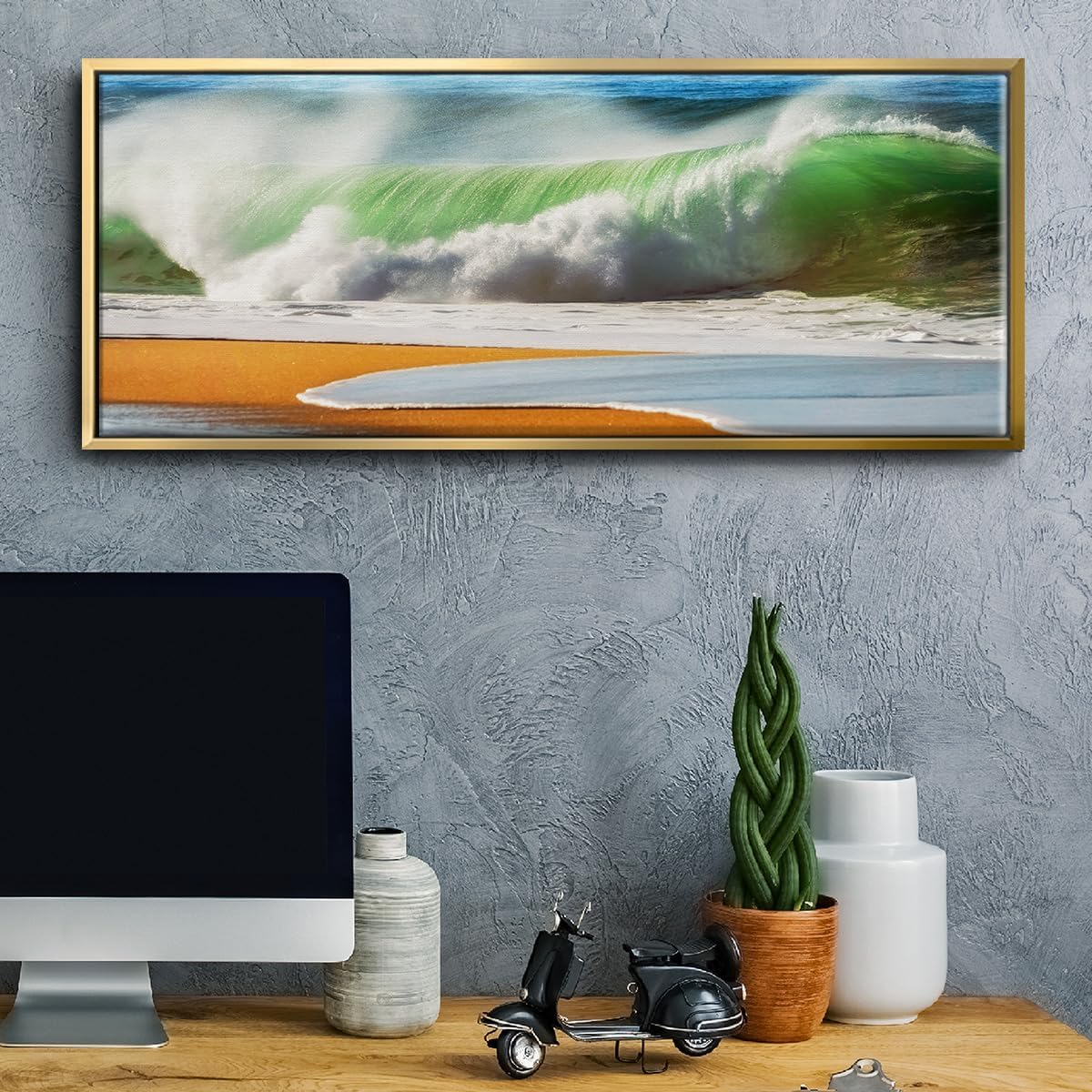 Renditions Gallery Floater Framed Home Decor Green Ocean Waves Painting Canvas Wall Hangings for Office Bedroom Kitchen Lobby - 24'x60' Gold Frame LT618