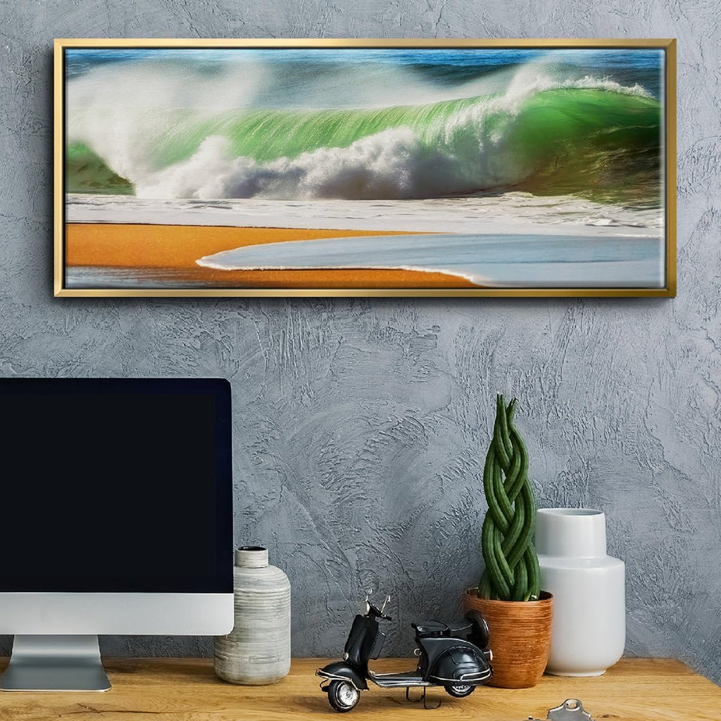 Renditions Gallery Floater Framed Home Decor Green Ocean Waves Painting Canvas Wall Hangings for Office Bedroom Kitchen Lobby - 20'x50' Gold Frame LT618