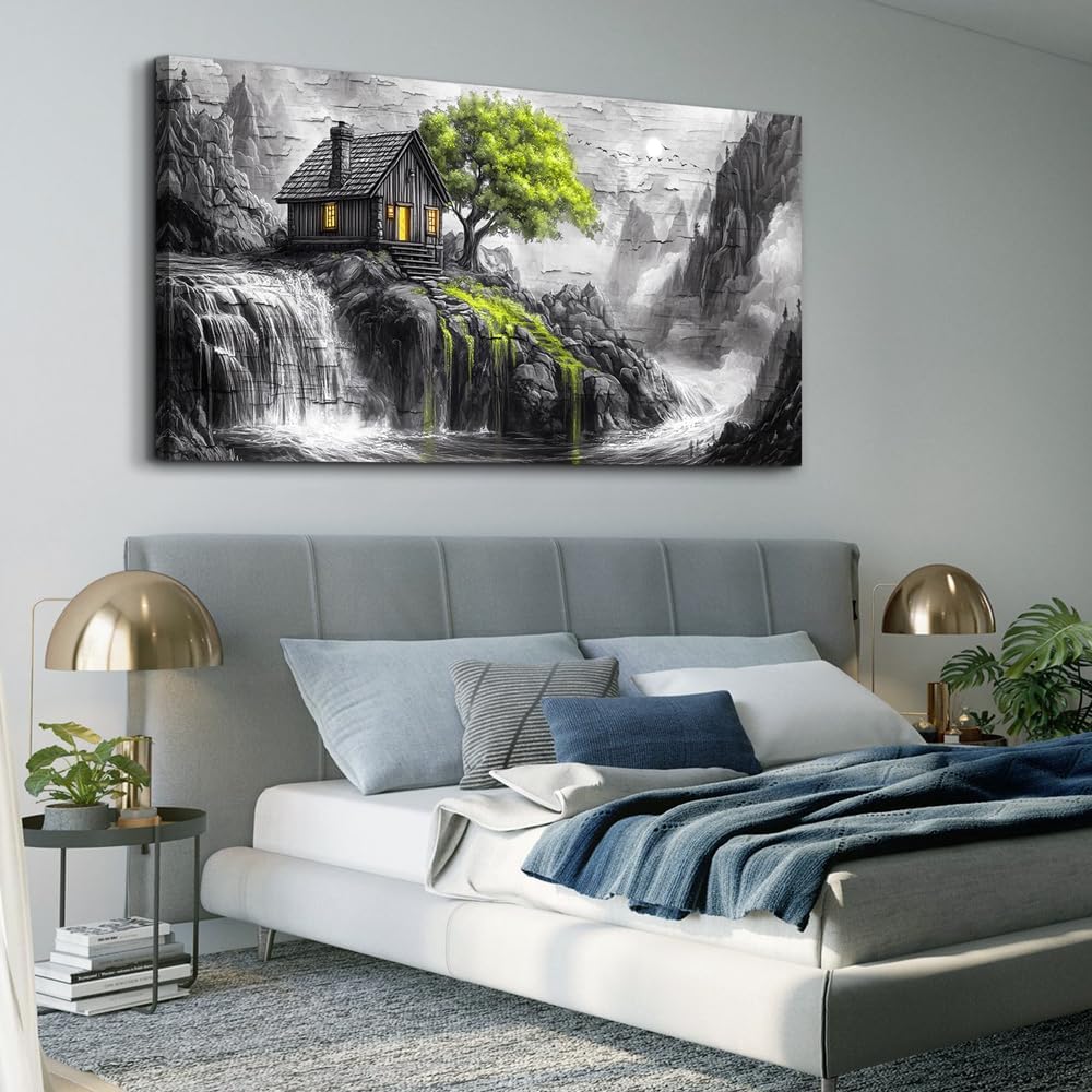 ERQINHUA Large Canvas Wall Art For Living Room Large Wall Decor For Bedroom Office Black And White Wall Painting Decor Green Tree Landscape Picture Artwork Modern Home Decor Ready To Hang 30'X60'