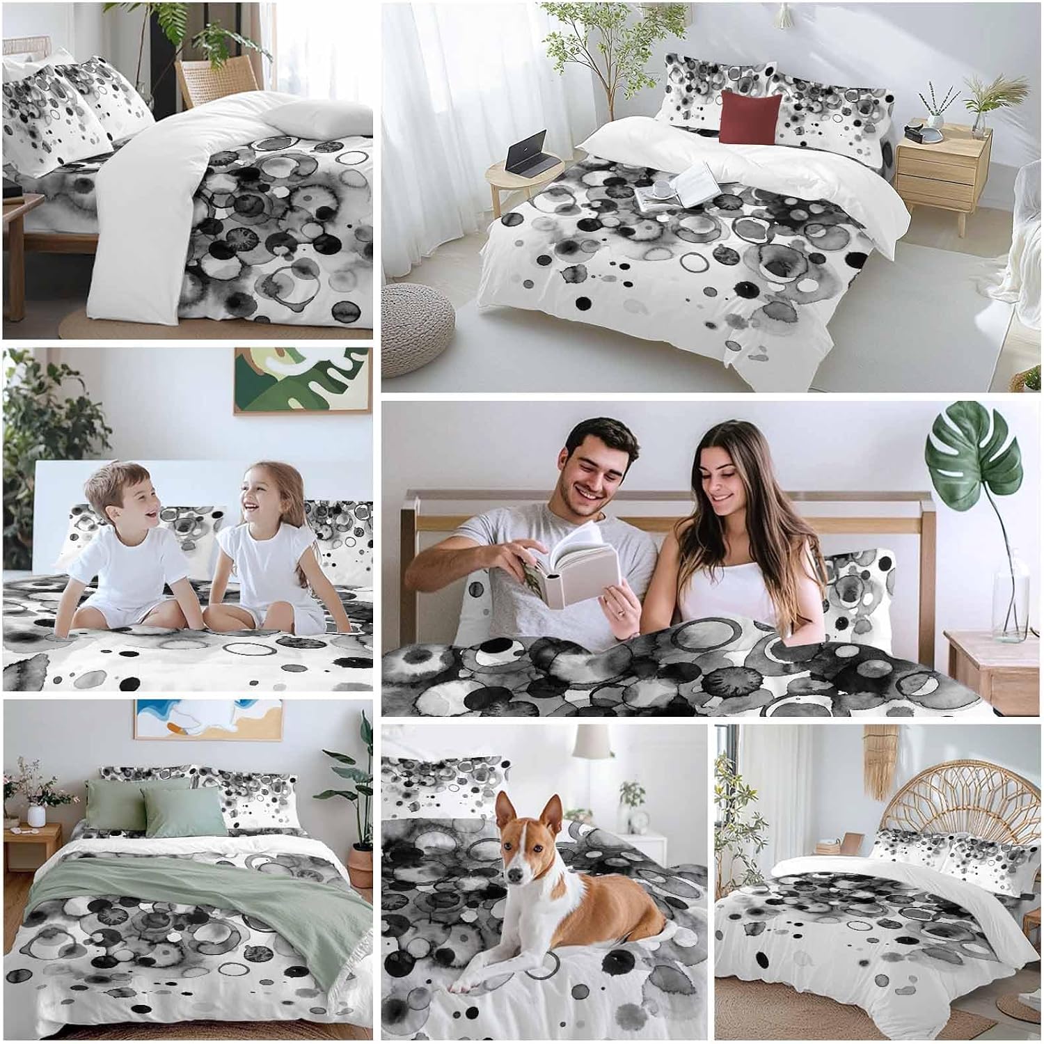 Abstract Duvet Cover Set Queen Size 4 Pieces Black Gradient Watercolors Ink Points Minimalist Bedding Set with Zipper Closure, 1 Comforter Cover 90x92 Inches 1 Flat Sheet & 2 Pillow Cases