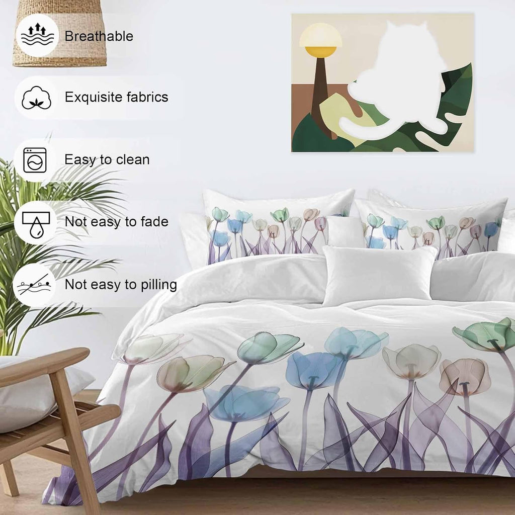 Prime Leader Spring Floral Duvet Cover Set Queen Size 4 Pieces Watercolor Purple Tulip Flowers Pattern Bedding Set with Zipper Closure, 1 Comforter Cover 90x92 Inches 1 Flat Sheet & 2 Pillow Cases
