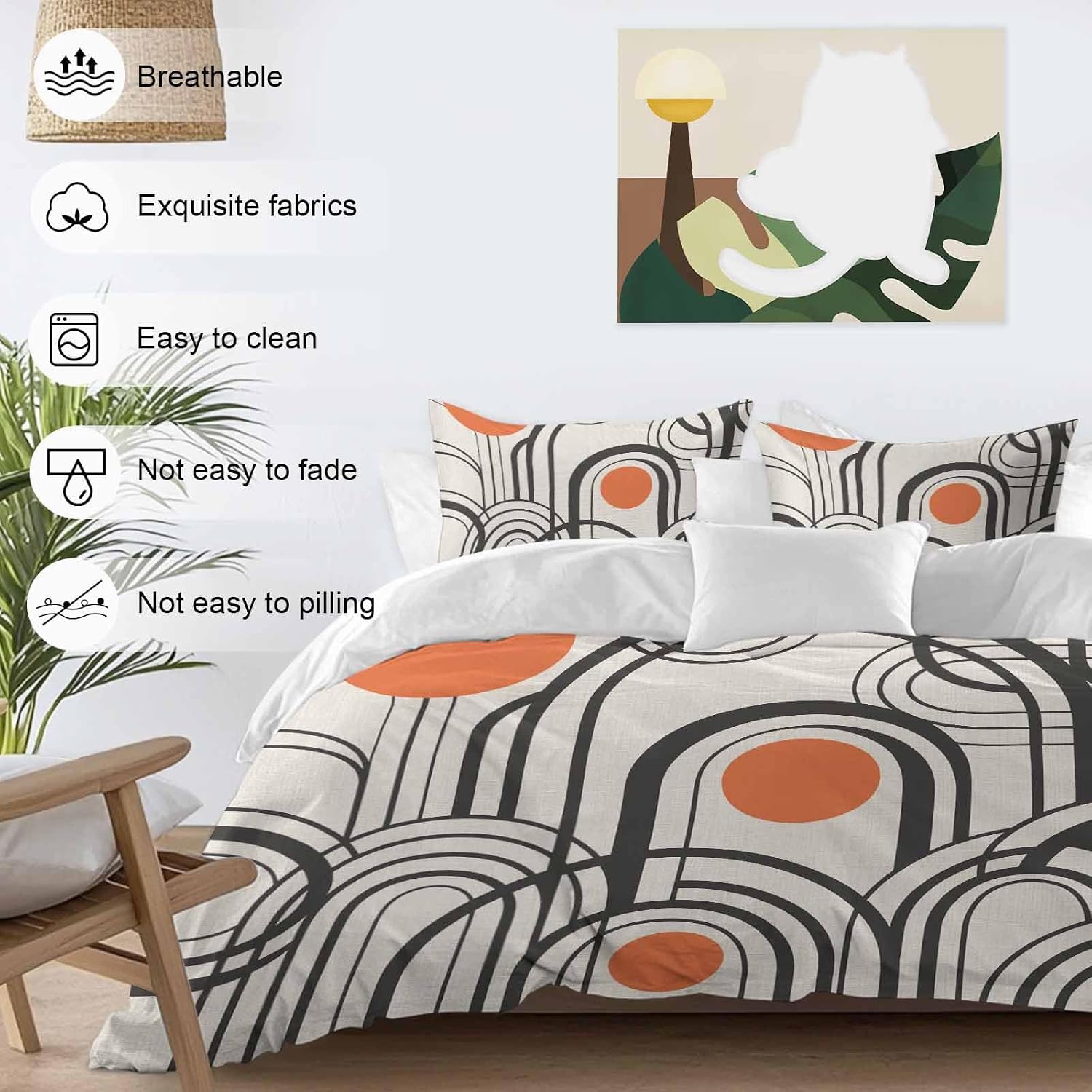 Black Orange Duvet Cover Set Queen Size 4 Pieces Abstract Line Boho Minimalist Mid Century Arch Geometric Bedding Set with Zipper Closure, 1 Comforter Cover 90x92 Inches 1 Flat Sheet & 2 Pillow Cases