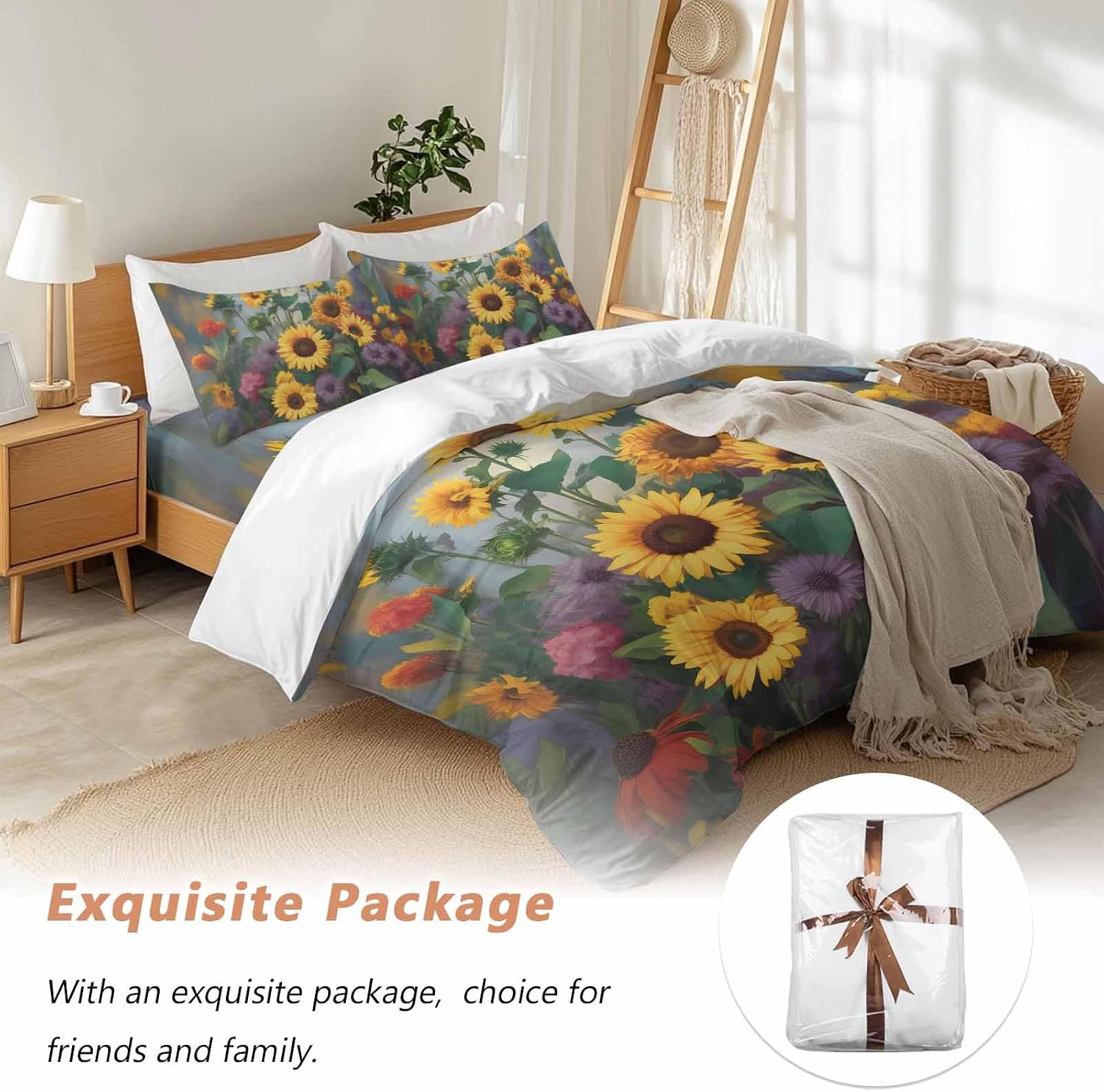 Spring Florals Duvet Cover Set Queen Size 4 Pieces Watercolor Sunflowers Country Green Leaves Bedding Set with Zipper Closure, 1 Comforter Cover 90x92 Inches 1 Flat Sheet & 2 Pillow Cases