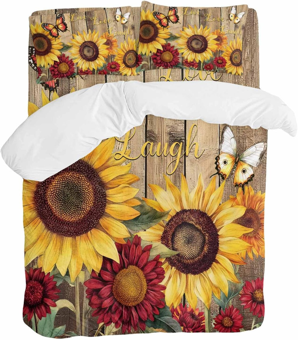 Flowers Duvet Cover Set Queen Size 4 Pieces Watercolor Yellow Sunflower Red Chrysanthemum Floral Wood Grain Bedding Set with Zipper Closure,1 Comforter Cover 86x86 Inches 1 Flat Sheet & 2 Pillow Cases
