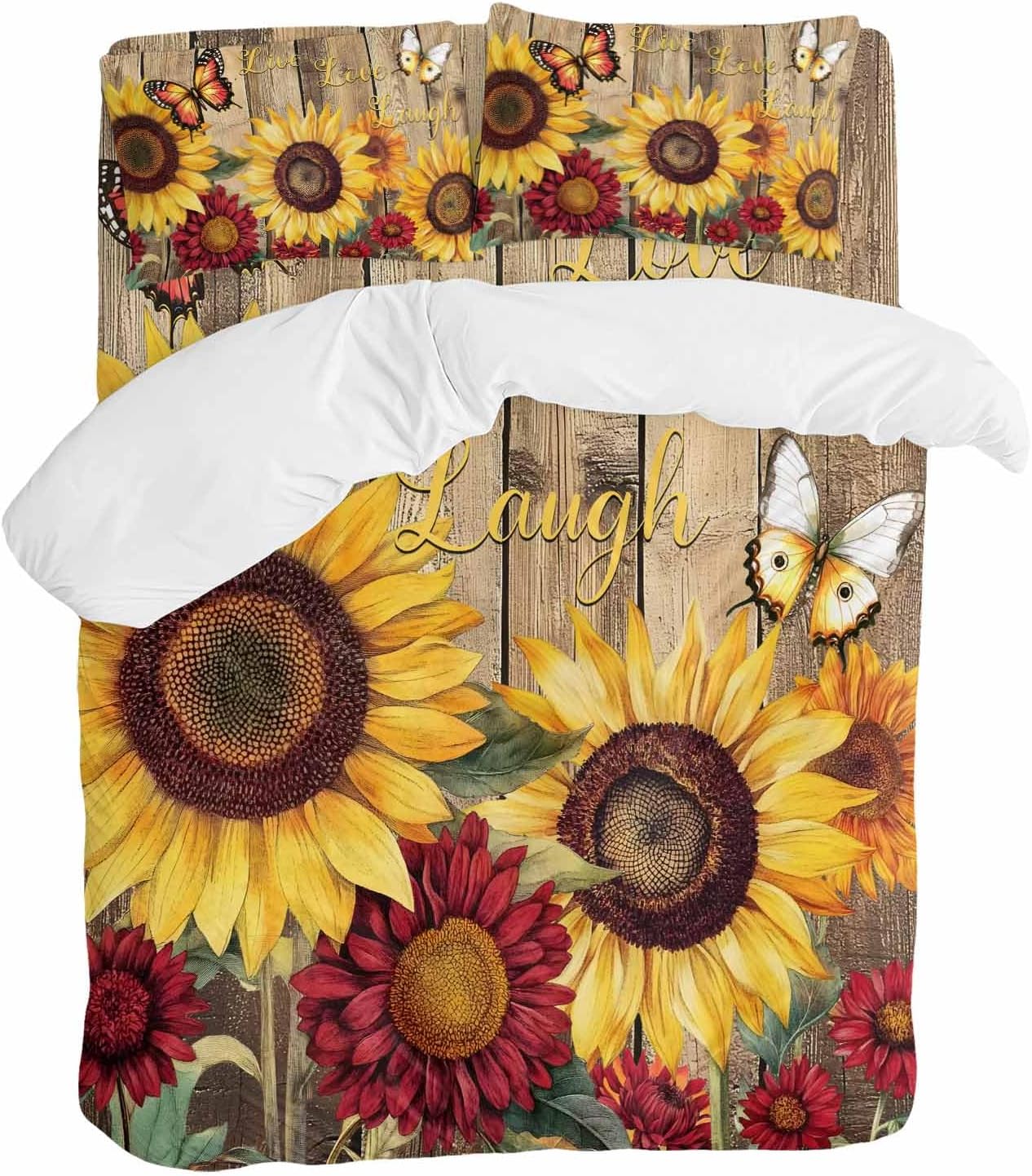 Flowers Duvet Cover Set Queen Size 4 Pieces Watercolor Yellow Sunflower Red Chrysanthemum Floral Wood Grain Bedding Set with Zipper Closure,1 Comforter Cover 86x86 Inches 1 Flat Sheet & 2 Pillow Cases