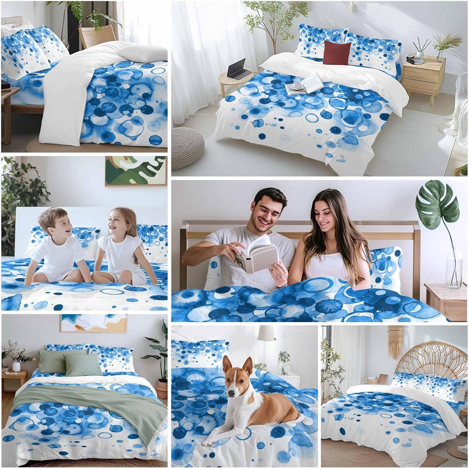 Abstract Duvet Cover Set Queen Size 4 Pieces Blue Gradient Watercolors Ink Points Minimalist Style Bedding Set with Zipper Closure, 1 Comforter Cover 90x92 Inches 1 Flat Sheet & 2 Pillow Cases