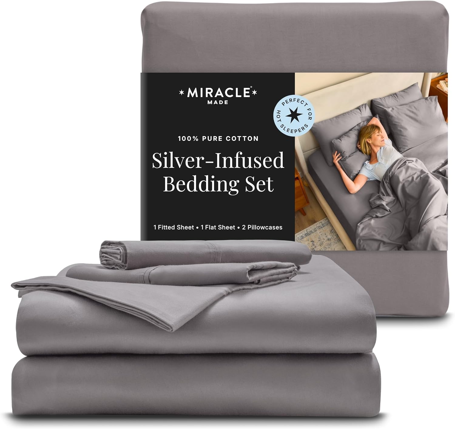 Miracle Made Breathable Cotton Bed Sheets, 4-Piece Set – Silver-Treated, Soft and Cool-to-the-Touch Lightweight Bedding Designed for Hot Sleepers – King Size, Stone
