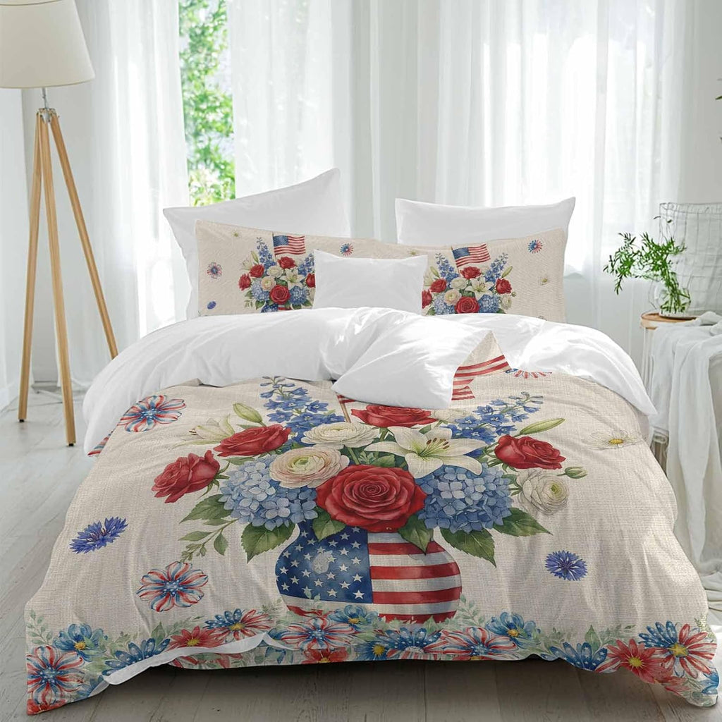 Independence Day Duvet Cover Set Queen Size 4 Pieces Red Blue USA Flag Penang Flower Stars Linen Texture Bedding Set with Zipper Closure, 1 Comforter Cover 90x92 Inches 1 Flat Sheet & 2 Pillow Cases