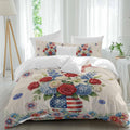 Independence Day Duvet Cover Set Queen Size 4 Pieces Red Blue USA Flag Penang Flower Stars Linen Texture Bedding Set with Zipper Closure, 1 Comforter Cover 90x92 Inches 1 Flat Sheet & 2 Pillow Cases