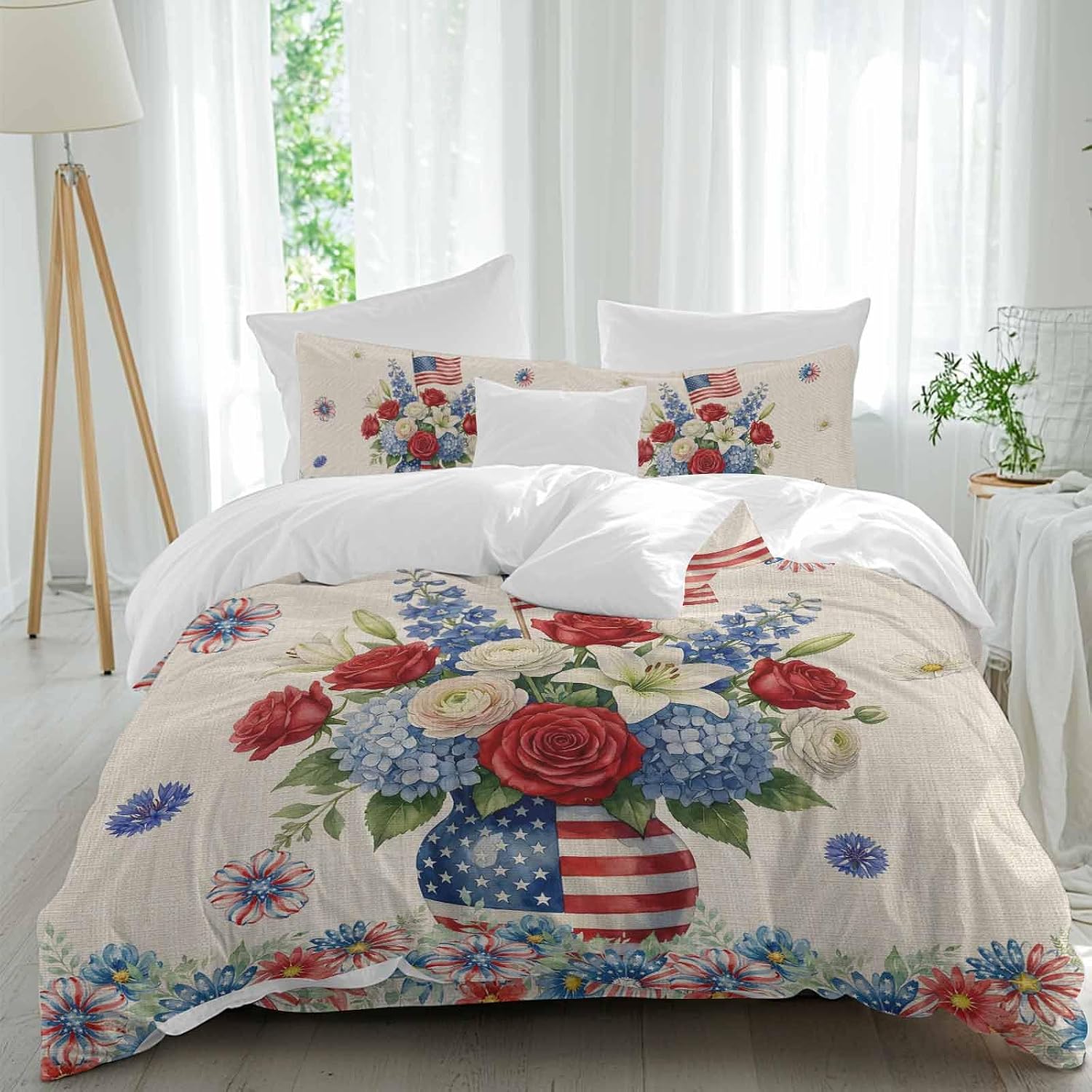 Independence Day Duvet Cover Set Queen Size 4 Pieces Red Blue USA Flag Penang Flower Stars Linen Texture Bedding Set with Zipper Closure, 1 Comforter Cover 90x92 Inches 1 Flat Sheet & 2 Pillow Cases