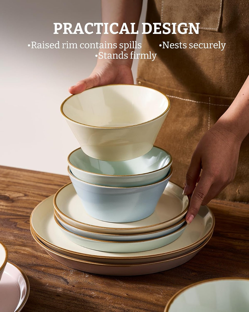 Famiware Saturn Stoneware Dinnerware Sets for 8 (24 Pieces), Ceramic Plates and Bowls Dish Sets with Hand-Painted Trim - Chip & Scratch Resistant, Microwave & Dishwasher Safe Tableware, Multi-color