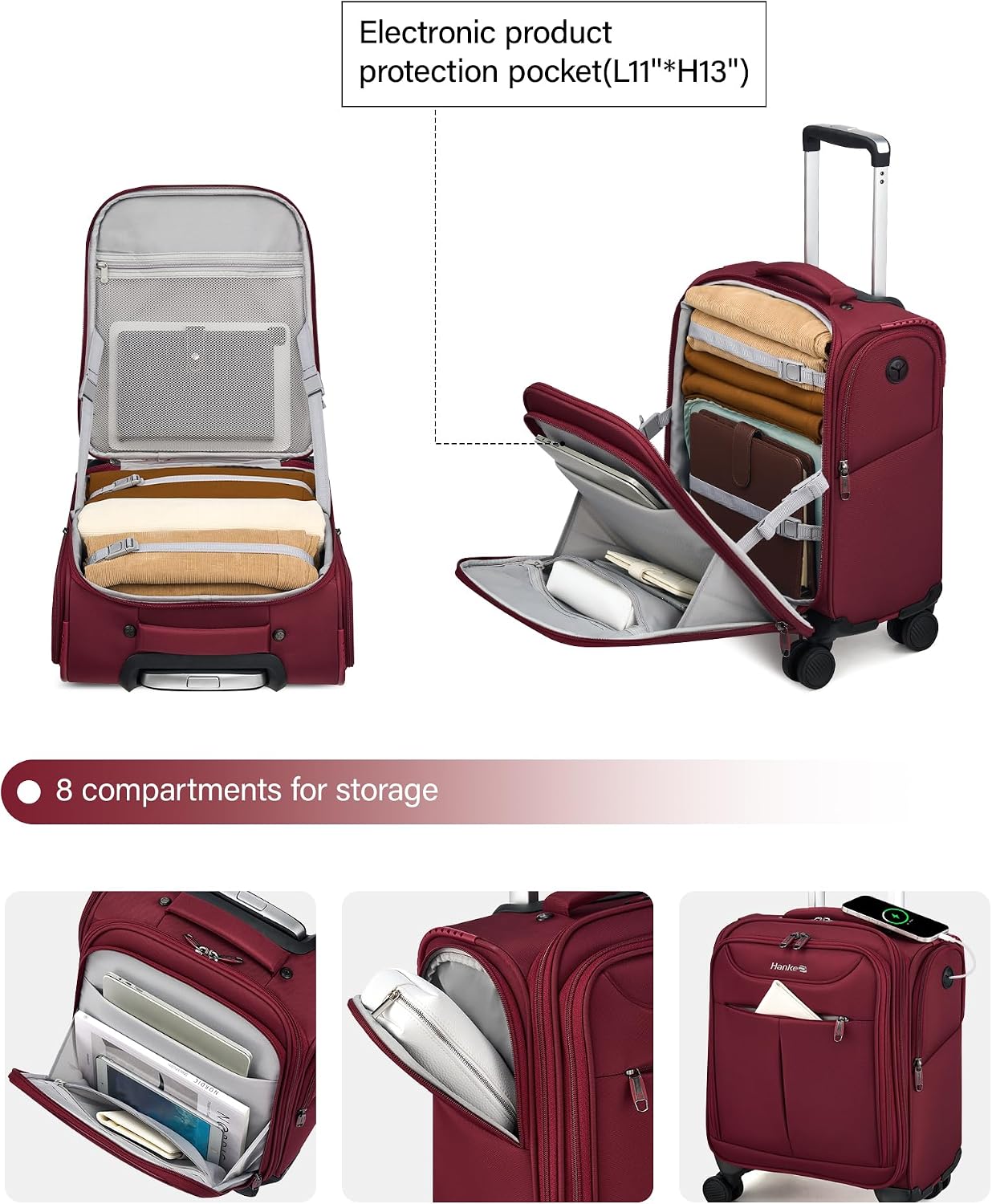 Hanke Underseat Carry On Luggage with Wheels, Lightweight Small Suitcase Airline Approved 16 Inch Softside Personal Item Travel Bag for Women Men, Compact Under Seat Luggage.(Burgundy)