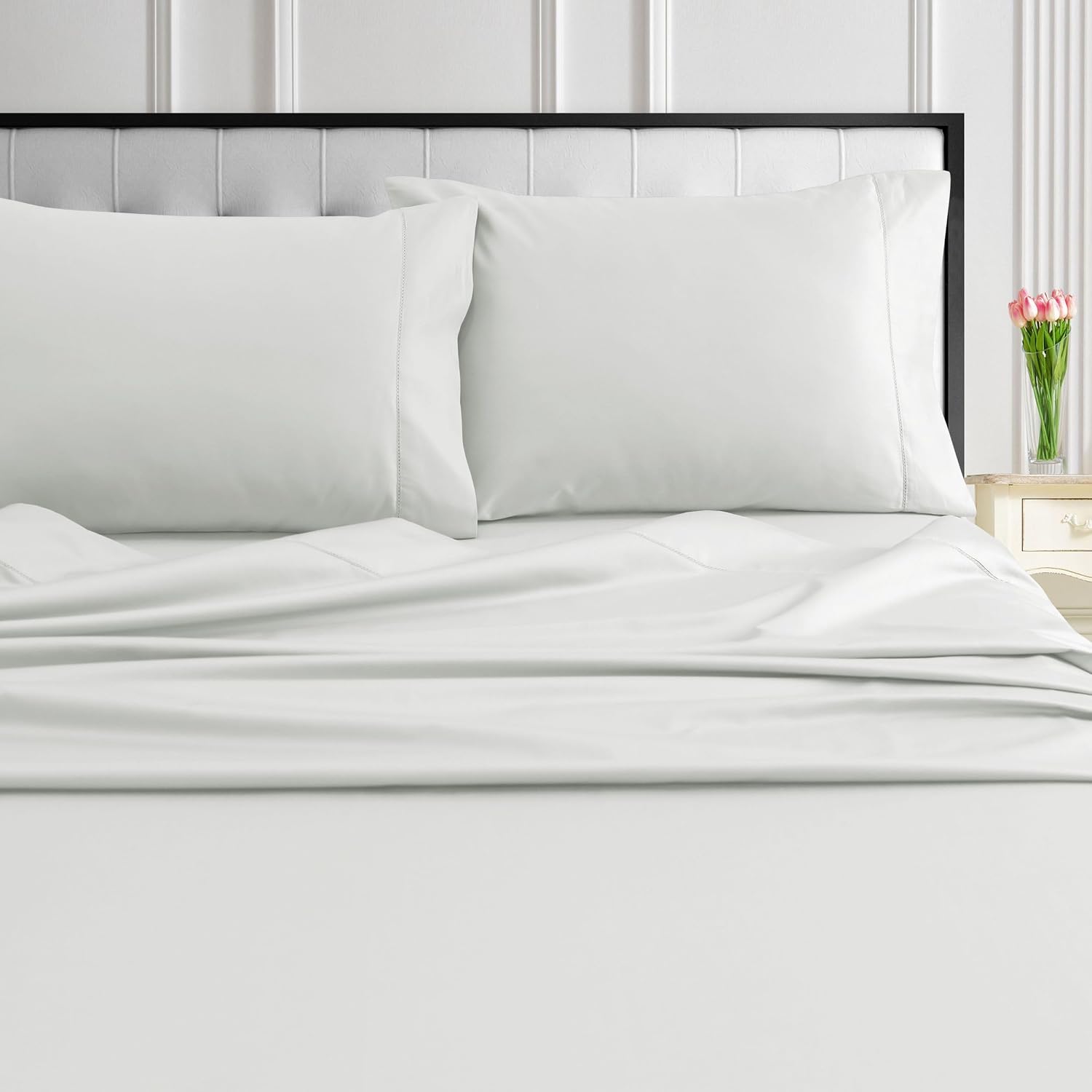 Tribeca Living 1000 Thread Count Egyptian Cotton Sheets King Size - Silky Smooth Sateen Weave for Luxurious Sleep - 22 Inch Deep Pocket 4-Piece Set in Ivory