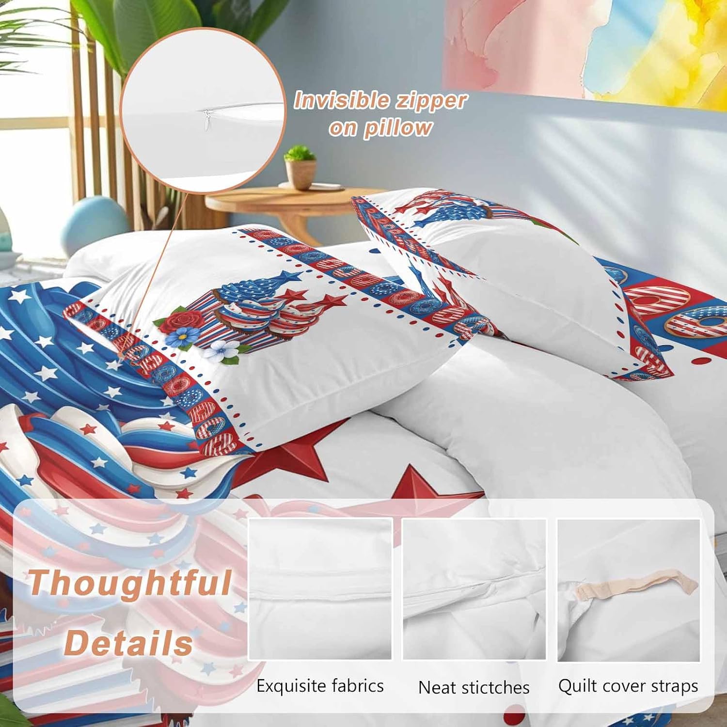 Independence Day Cupcakes Duvet Cover Set Queen Size 4 Pieces 4th of July Red Blue White Star Rose Flower Bedding Set with Zipper Closure, 1 Comforter Cover 92x106 Inches 1 Flat Sheet & 2 Pillow Cases