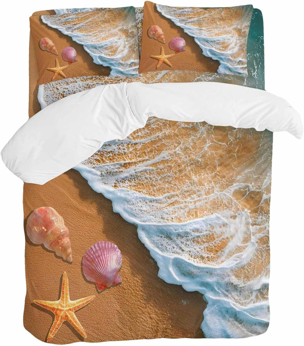 Prime Leader Summer Beach Duvet Cover Set Queen Size 4 Pieces Ocean Waves Conch Starfish Shell Coastal Bedding Set with Zipper Closure, 1 Comforter Cover 92x106 Inches 1 Flat Sheet & 2 Pillow Cases