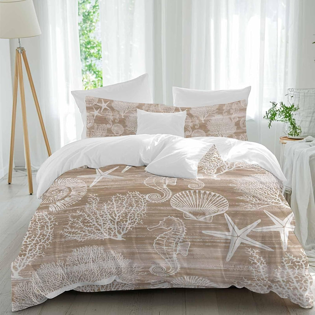 Prime Leader Brown Coastal Duvet Cover Set Queen Size 4 Pieces Nautical Starfish Seahorse Coral Summer Bedding Set with Zipper Closure, 1 Comforter Cover 90x92 Inches 1 Flat Sheet & 2 Pillow Cases