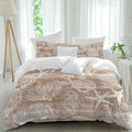 Prime Leader Brown Coastal Duvet Cover Set Queen Size 4 Pieces Nautical Starfish Seahorse Coral Summer Bedding Set with Zipper Closure, 1 Comforter Cover 90x92 Inches 1 Flat Sheet & 2 Pillow Cases