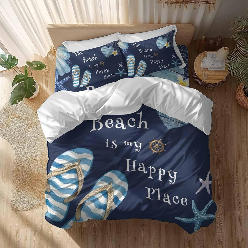 The Beach Is My Happy Place Duvet Cover Set Queen Size 4 Pieces Summer Ocean Blue Slippers Starfish Shell Bedding Set with Zipper Closure, 1 Comforter Cover 86x86 Inches 1 Flat Sheet & 2 Pillow Cases
