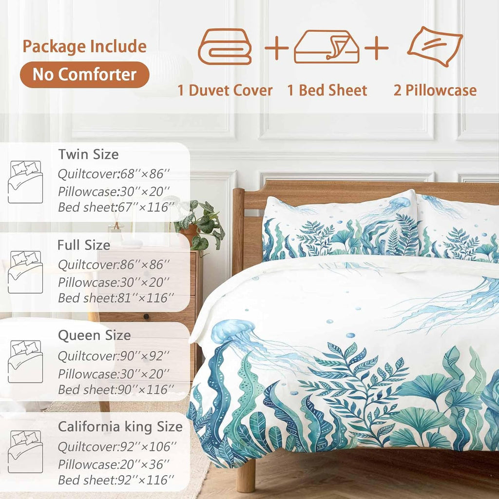 Prime Leader Blue Summer Ocean Duvet Cover Set Queen Size 4 Pieces Jellyfish Seaweed Watercolor Coastal Bedding Set with Zipper Closure, 1 Comforter Cover 90x92 Inches 1 Flat Sheet & 2 Pillow Cases