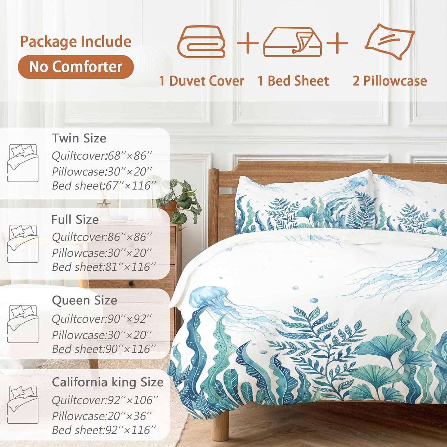 Prime Leader Blue Summer Ocean Duvet Cover Set Queen Size 4 Pieces Jellyfish Seaweed Watercolor Coastal Bedding Set with Zipper Closure, 1 Comforter Cover 90x92 Inches 1 Flat Sheet & 2 Pillow Cases