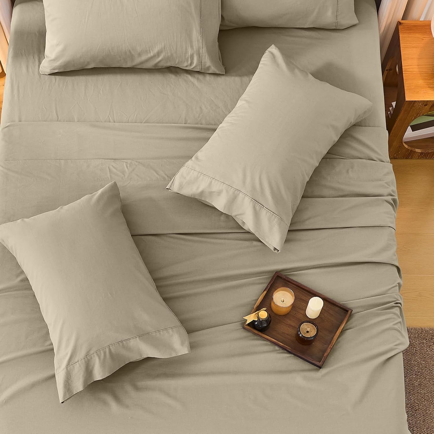 Bedlifes 100% French Linen Sheets Queen Size 18-24'Extra Deep Pocket 4-Piece Set Breathable & Moisture-Wicking,Soft & Durable Sheets for Thick Mattresses(Taupe)