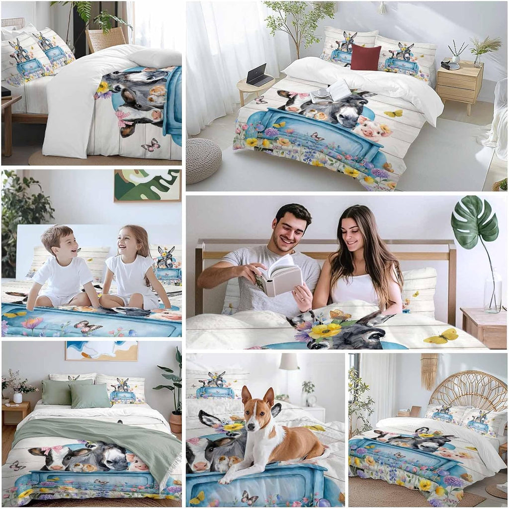 Farm Truck Animal Duvet Cover Set Queen Size 4 Pieces Donkeys Cows Pigs Wildflowers Wood Pattern Bedding Set with Zipper Closure, 1 Comforter Cover 92x106 Inches 1 Flat Sheet & 2 Pillow Cases